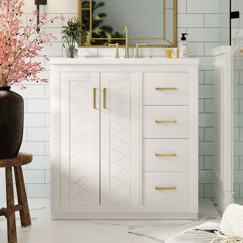 Meuble-lavabo 30 po avec lavabo en céramique, Blanc, Doré