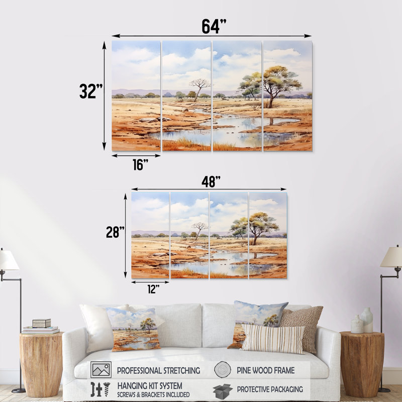 «Beige African Safari Landscape II», ensemble d'art mural 4 pièces, H 32 po x l 64 po