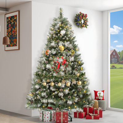  4.5ft / 6ft / 7.5ft Artificial Pine Flocked Christmas Tree, Pine Needle Tree, Holiday Christmas Tree with Pinecones and Prestrung Light