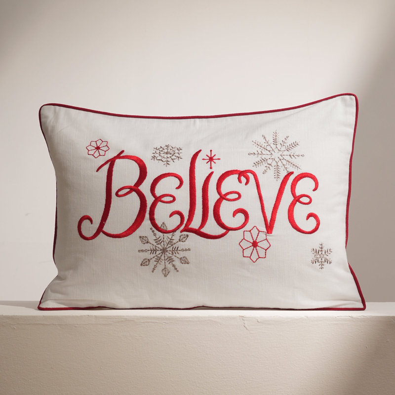 Coussin lombaire brodé « Believe Script », 35,5 x 51 cm, coussin décoratif de Noël en coton avec garniture en polyester