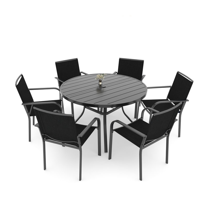 Ensemble de salle à manger de patio rond 48 po pour 6 personnes avec chaises empilables, Noir, noir, noir, noir