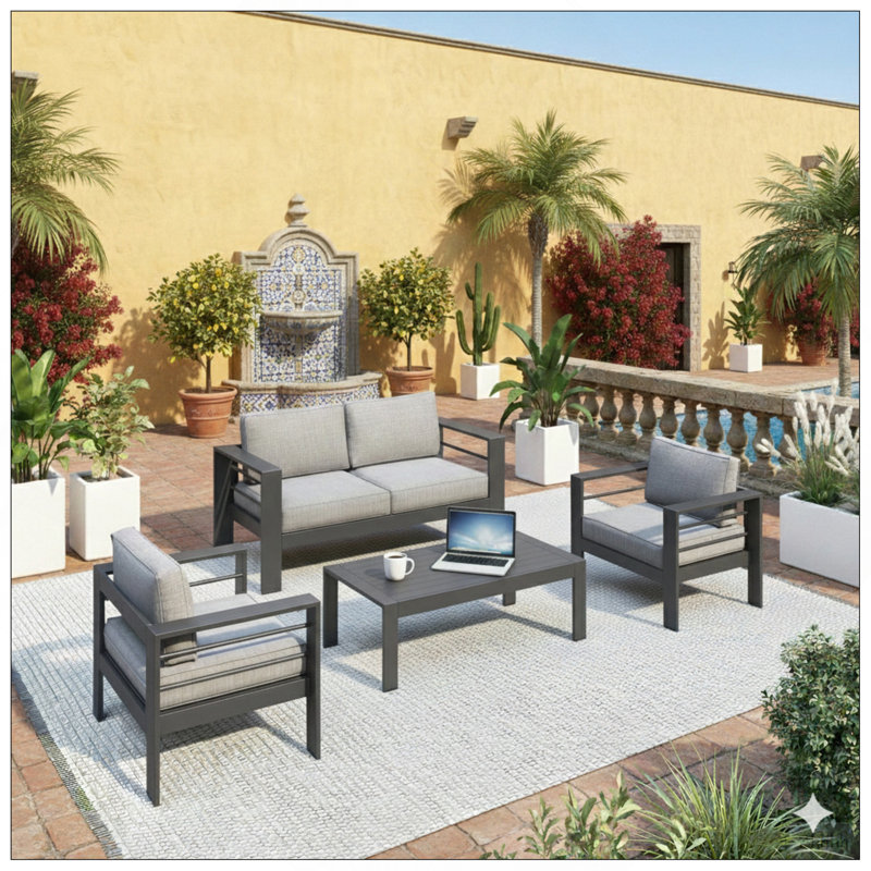 Ensemble de conversation moderne en aluminium 4 pièces pour patio, canapé 4 places avec coussins épais gris foncé et structure grise et table basse