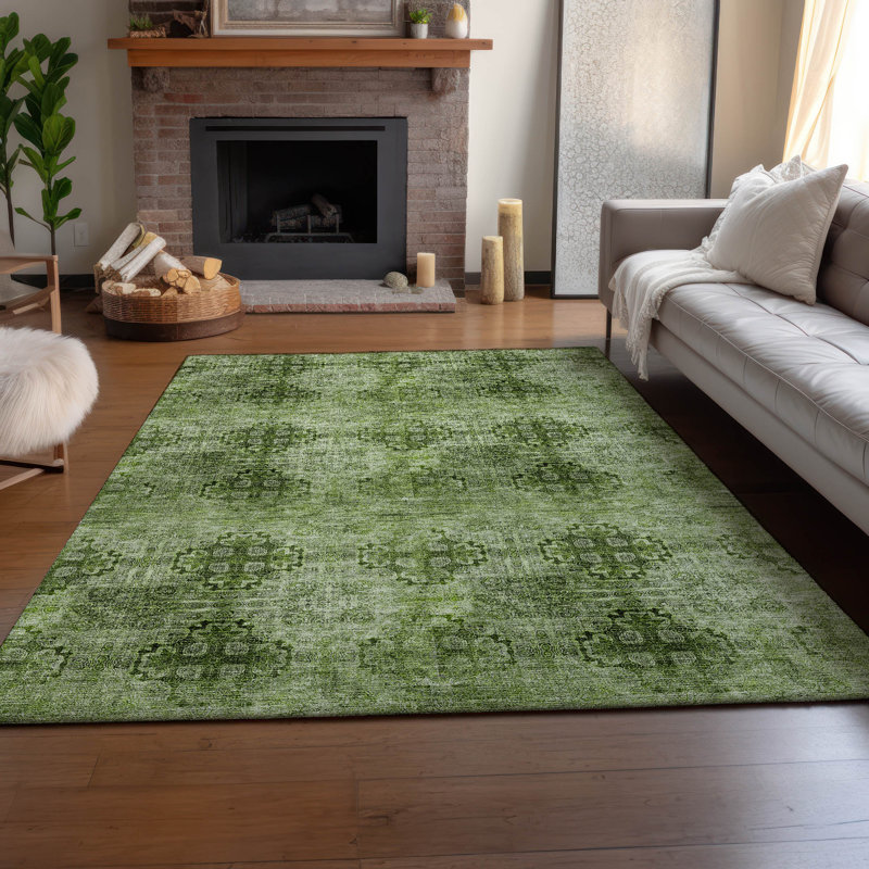 Tapis olive Cerrito AMF557 lavable à la machine de qualité supérieure, Rectangulaire 3 pi x 5 pi