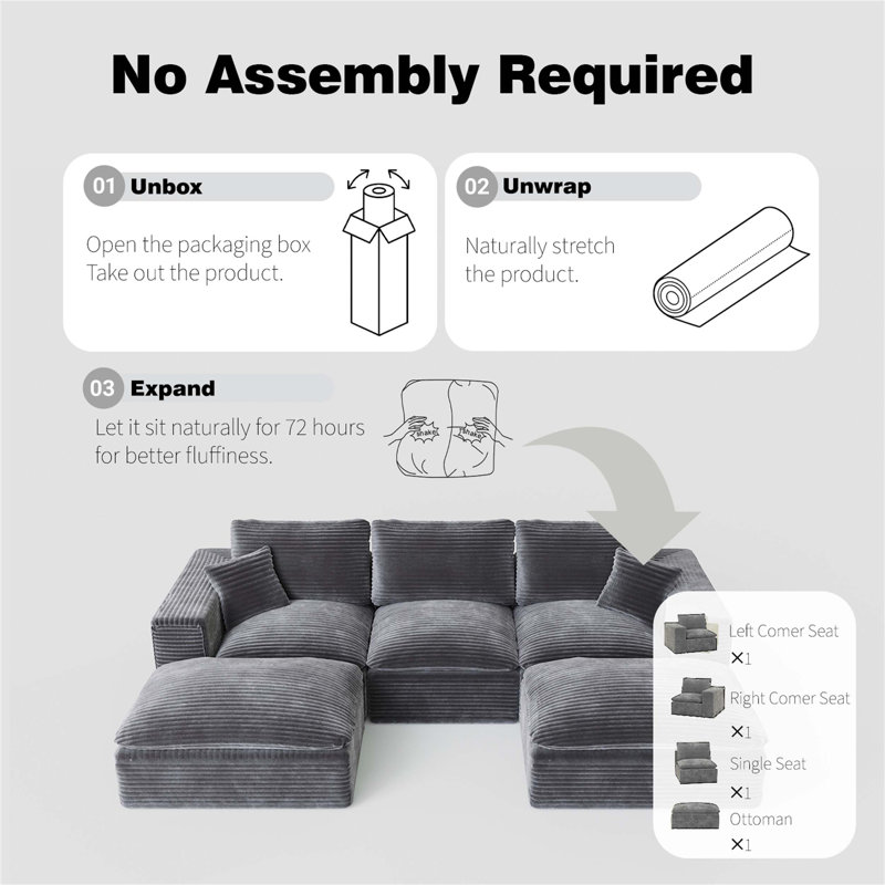 Boneless 108" Cloud Sectional Couch with L-Shape Chaise, Left-right interchangeable,Modern Modular Sofa with Deep Seat, Upholstered Couches for Living Room Bedroom,No Assembly Required, Soft Plush Corduroy Fabric