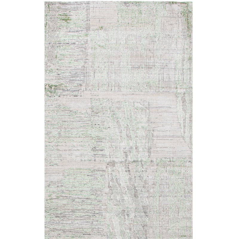 Tapis gris / vert tissé à la main en viscose / laine / coton Tamilore, Rectangle 8 pi x 10 pi