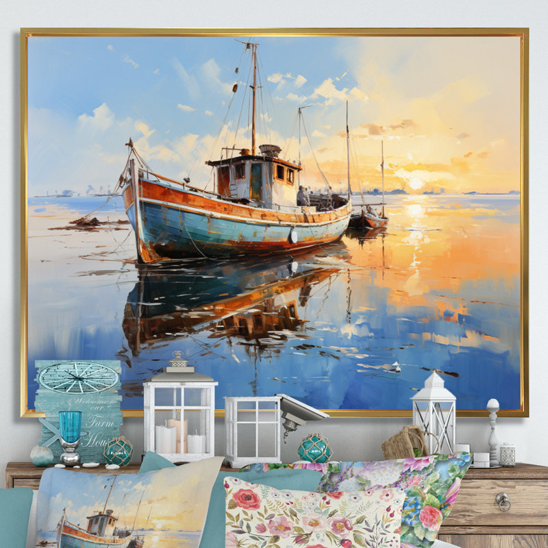 " Boat Seascape Impression V ", 34" H x 44" W x 1.5" D, Gold Floater Framed