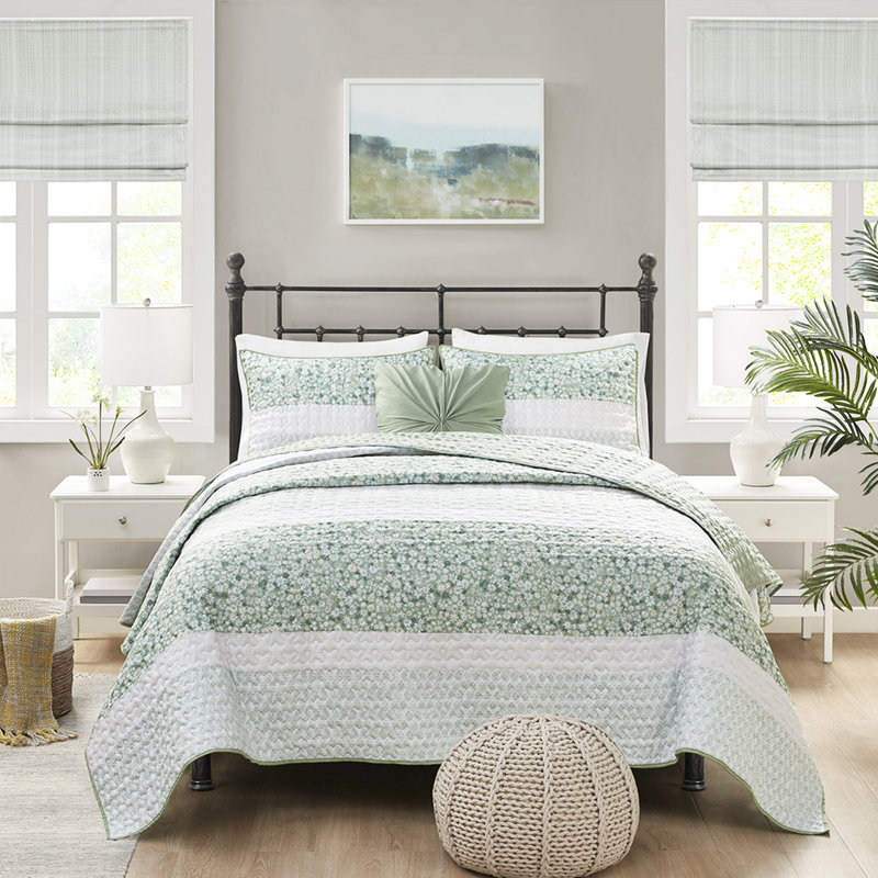 Courtepointe double / grand seersucker avec coussin, imprimé floral, 100%, literie 4 pièces lavable à la machine, conception, lavable, coussin décoratif