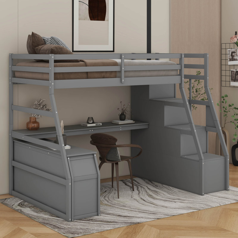 Lit mezzanine simple avec tiroirs, 2 tablettes et bureau, Gris