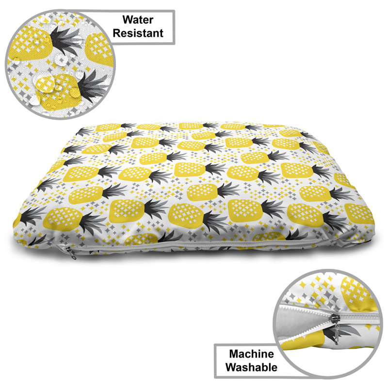 Lit pour animal de compagnie Ambesonne Exotic, ananas Tropic Accents, thème côtier, îlot de cuisine de fruits, coussin à croquer pour chiens et chats avec housse amovible, 24 po x 39 po, jaune gris noir