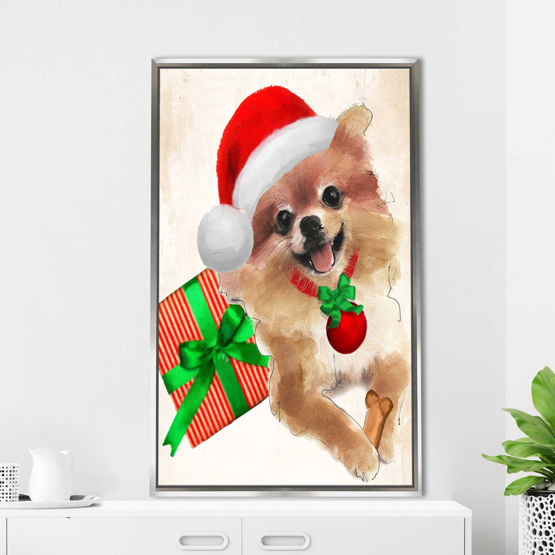 «Christmas Holiday Pomeranian (Vertical)» par By Jodi - impression, H 43,5 po x l 27,5 po x P 2 po, Cadre flottant argent