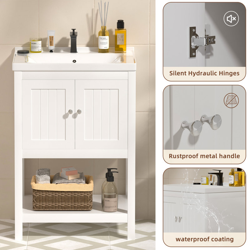 24" Freestanding Modern Bathroom Vanity with Ceramic Sink Top, Soft‑Close Doors & Open Shelf for Compact Bathrooms