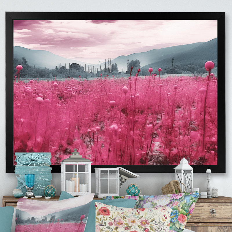 «Fushia Blooming Abstraction III», reproduction sur toile, Cadre simple noir, H 16 po x l 32 po x P 1 po