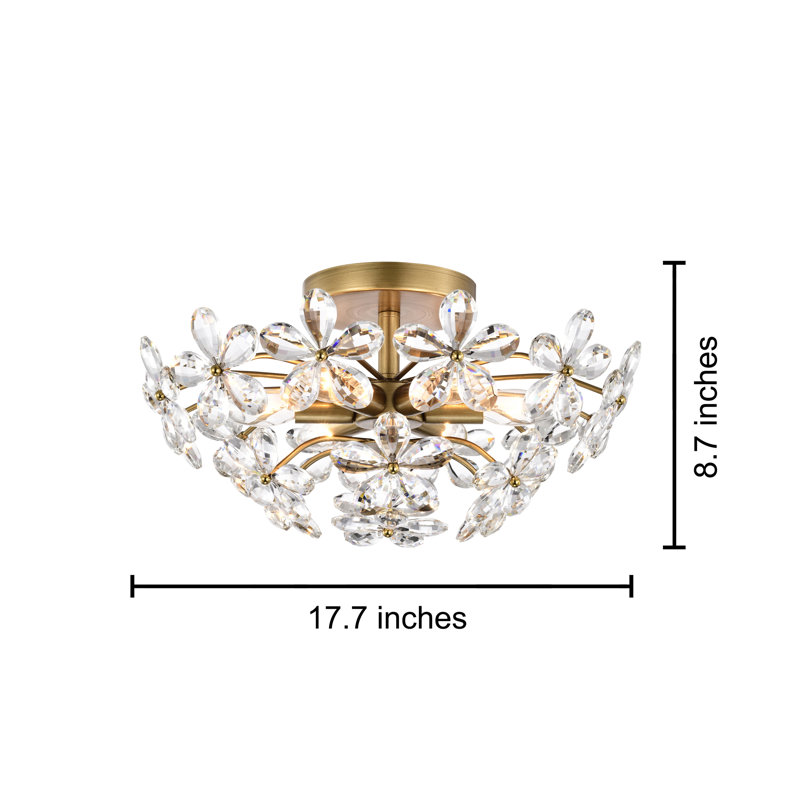 Plafonnier semi-encastré en cristal de laiton brossé 6 lumières 17,7 po McDuffie