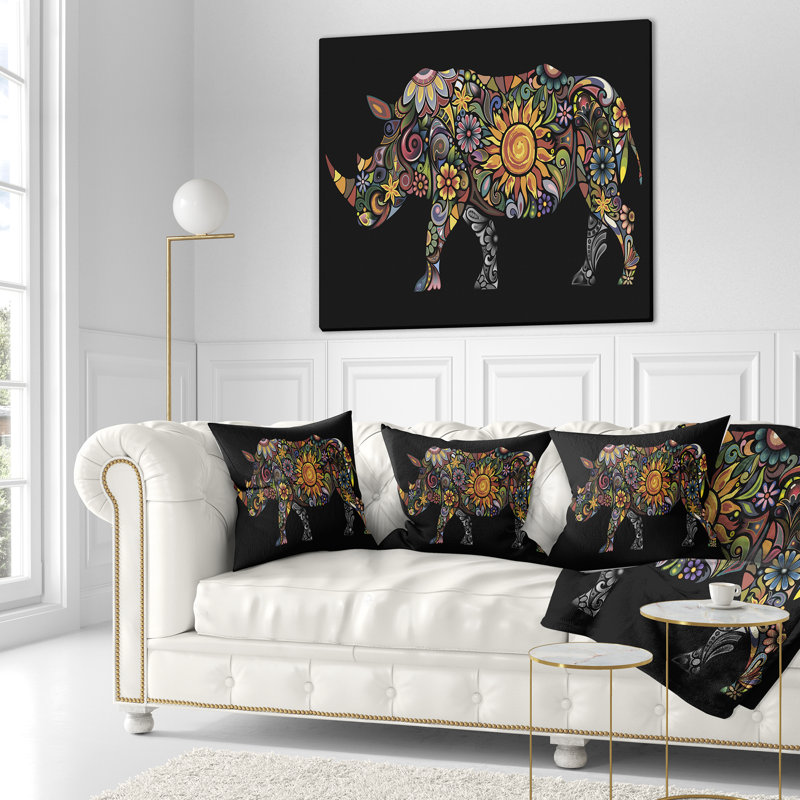 Joyeux Rhinocéros - oreiller imprimé animal, 18 po x 18 po, Coussin décoratif