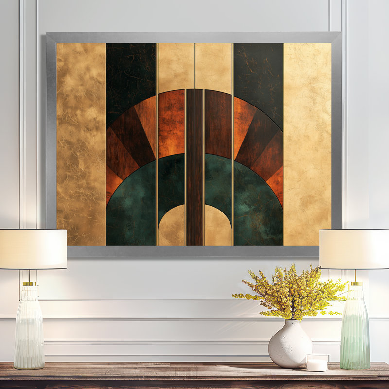 «Geometric Walnut Essential Forms III», art abstrait sur toile Art déco, Argent argent, Cadre flottant, H 16 po x l 32 po
