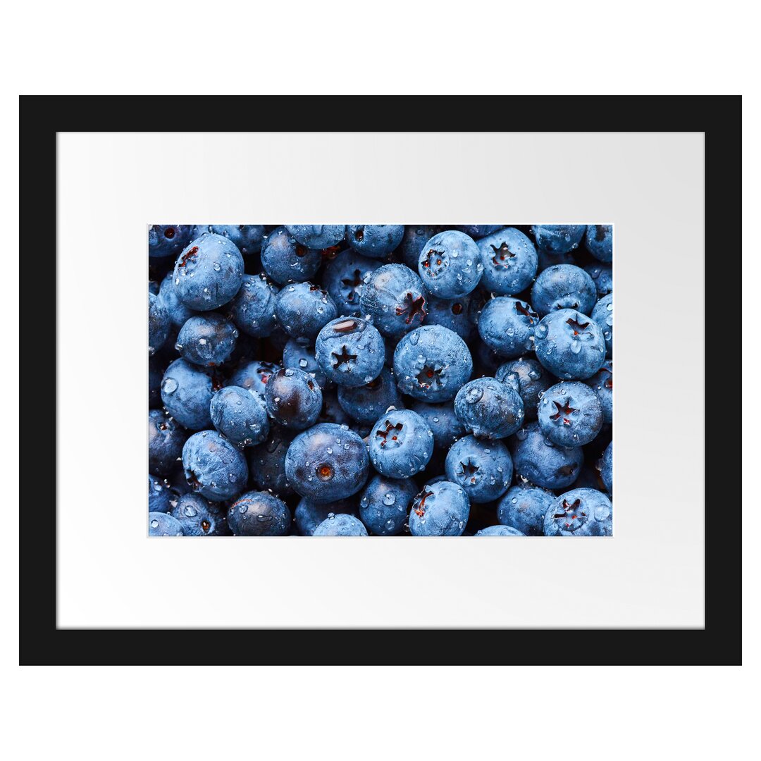 Gerahmtes Poster Blaubeeren mit Wassertropfen