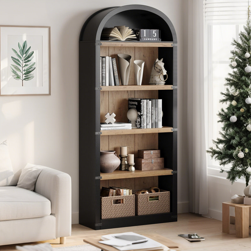 5-Shelf Arched Bookcase, 71.65” Tall Farmhouse Wooden Bookshelf with Metal Corners, Rustic Display Storage Rack for Home, Office, or Living Room