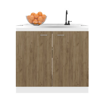 Évier utilitaire moderne avec robinet interchangeable et comptoir intégré, armoire autoportante en blanc naturel et blanc, convient aux espaces de travail de cuisine, à deux tablettes