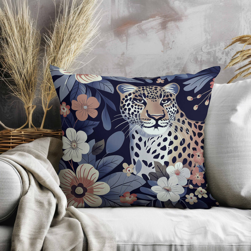Coussin en faux suède Jungle Cat, Carré 20 po, Bleu / Orange