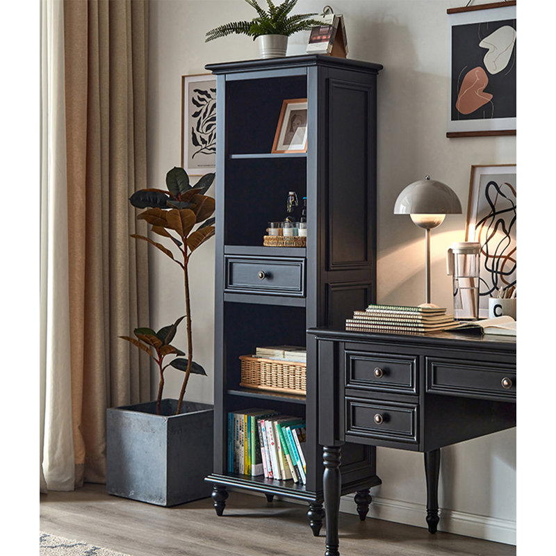 Practical Black Solid Wood Open Shelf Bookcase with Drawer