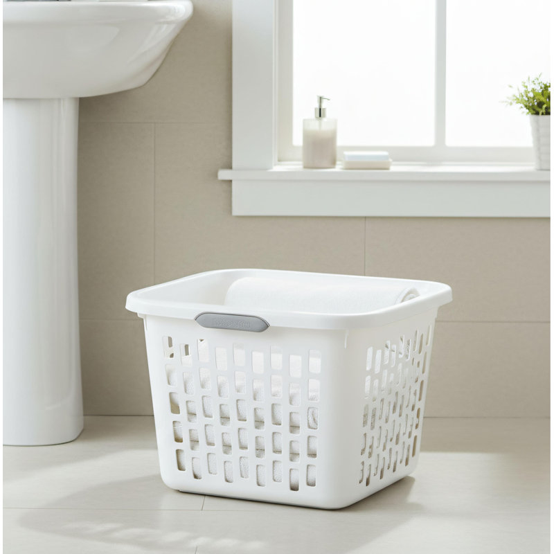 Paniers à linge carrés en plastique blanc, paquet de 6, capacité de 1,5 boisseau, trous rectangulaires ventilés + poignée confortable, paniers de rangement pour vêtements de maison.