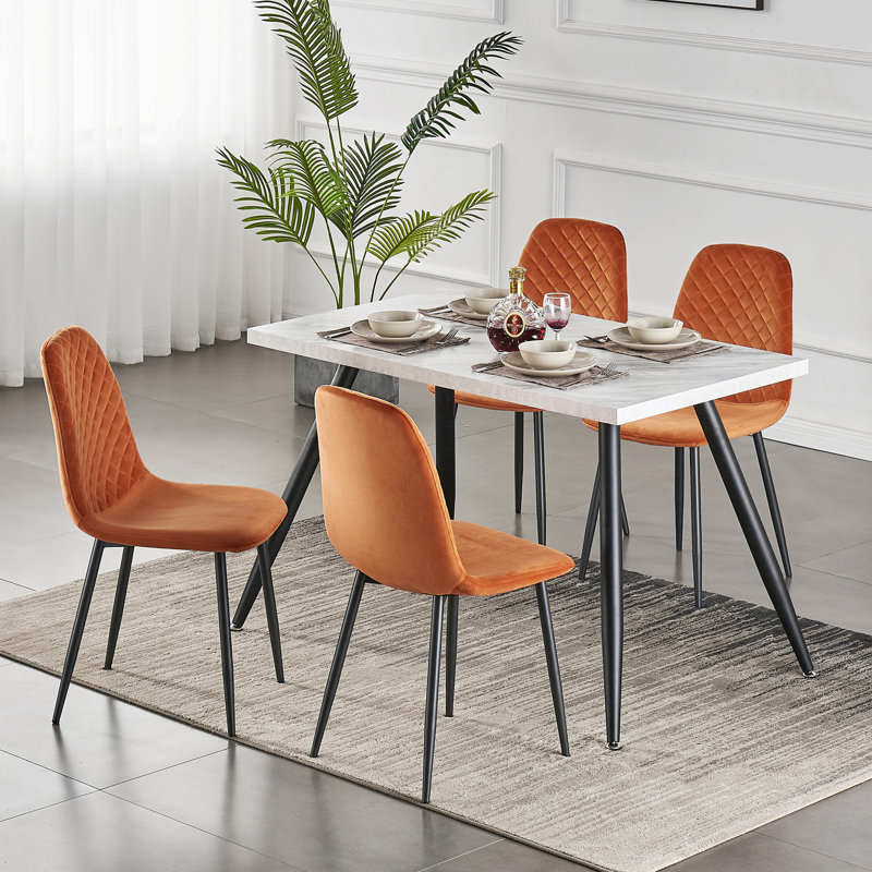 Kaylani Modern Upholstered Dining Chair, Orange Velvet, Black, 4