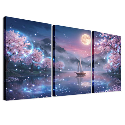 Ensemble de 3 toiles murales représentant un voilier au clair de lune sur un lac brumeux avec une cerise scintillante