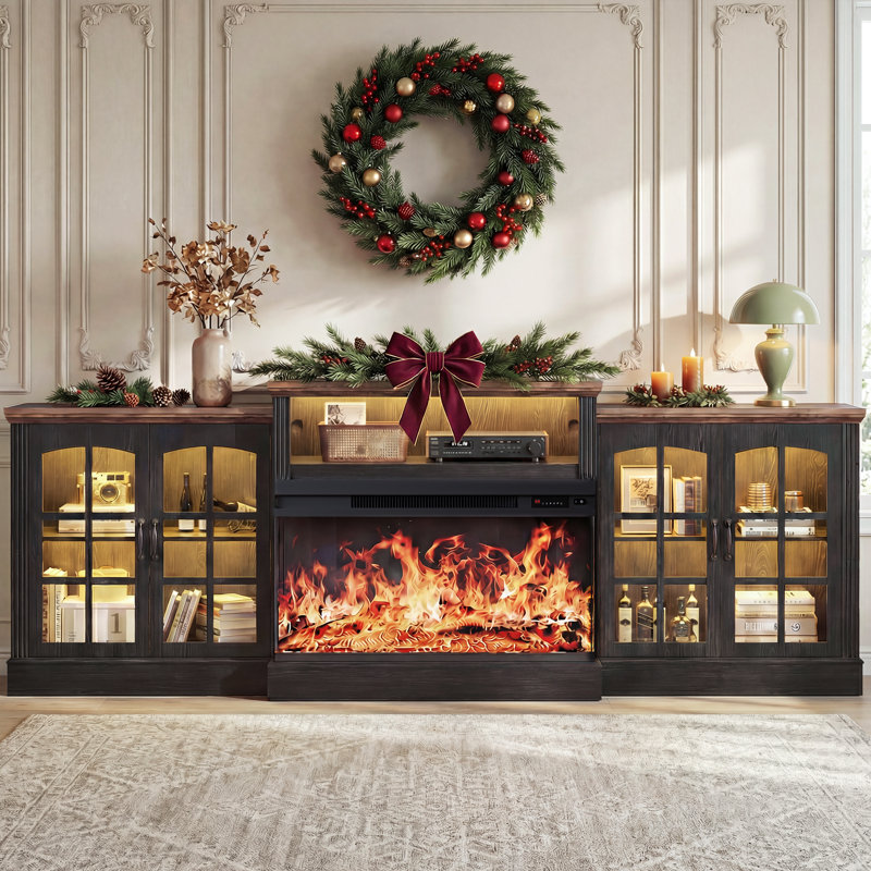 97"W Farmhouse TV Stand with 3-Sided Electric Fireplace For Over 100" Tvs, Large Storage Space & Glass Doors Media Console