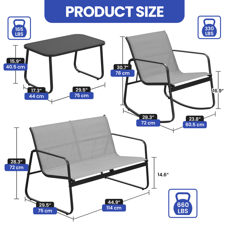 Ensemble de conversation extérieur avec causeuse, fauteuil et table, Gris