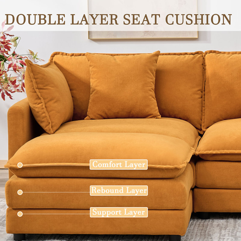 110.2" Chenille Three Seater Upholstered Sofa, Ottoman, Orange Chenille