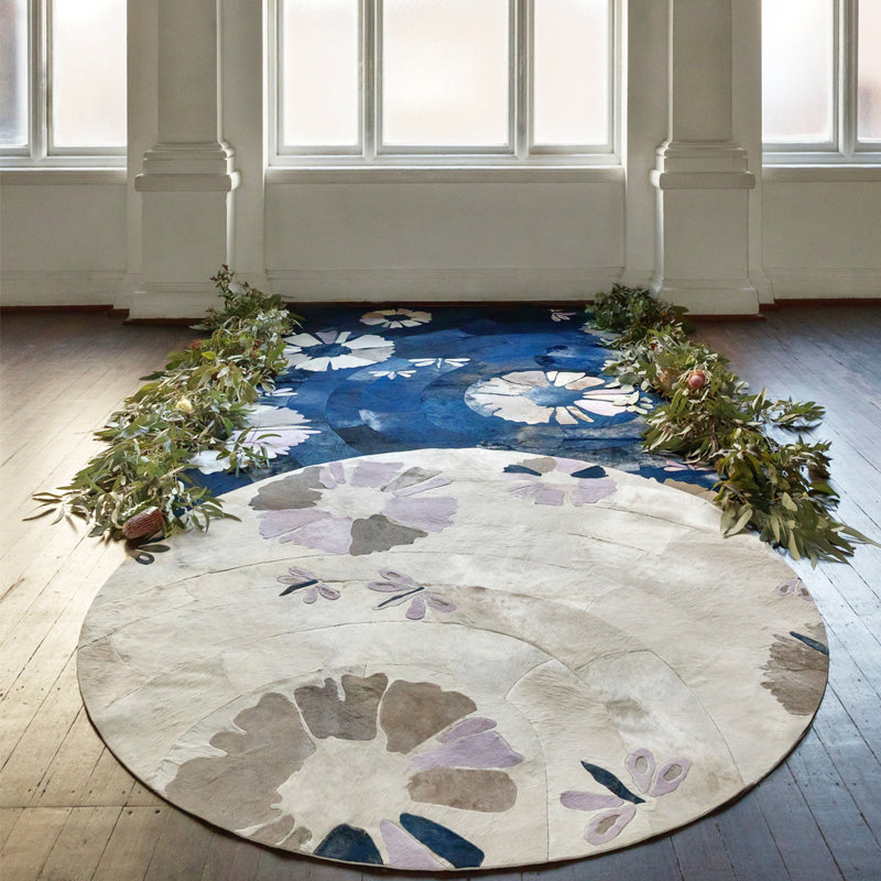 Shibori Cowhide Floral Area Rug in Blue/White/Gray, Rectangle 9' x 12'