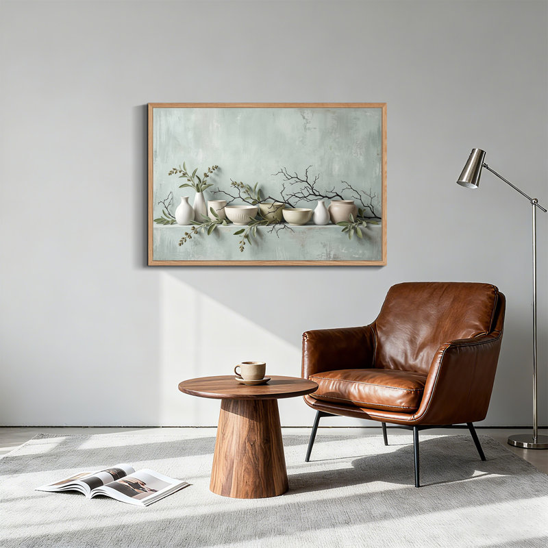 Art mural sur toile, vases et bols en céramique avec branches de sauge sur menthe, H 32 po x l 48 po