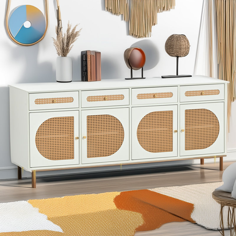 Meuble télé tissé avec tablettes réglables pour le salon, Blanc