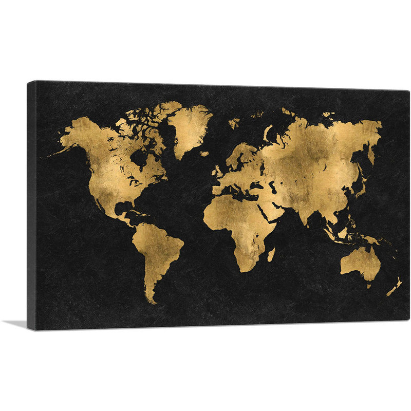 «Black Yellow World Map Globe», impression sur toile tendue, H 26 po x l 40 po x P 0,75 po