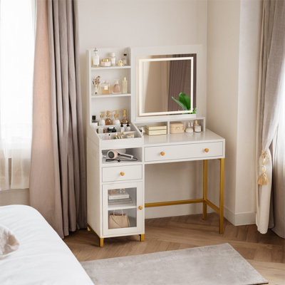 Bureau de maquillage avec miroir et lumières, coiffeuse blanche avec station de charge, 2 tiroirs | 2 tablettes | 1 armoire | 3 compartiments de rangement séparés | Prise de courant pour vestiaire de chambre à coucher
