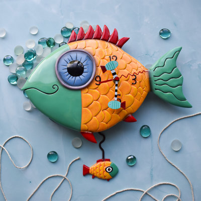 Allen Designs Wide-Eyed Fishy Battery Operated Sculpted Pendulum Wall Clock 13.5 Inch