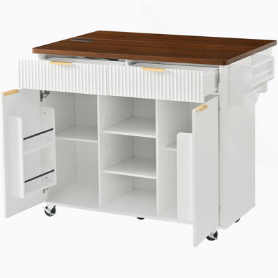 52" Fluted Kitchen Island With Drop Leaf, Power Outlet,  Kitchen Storage Cart With Adjustable Shelves, 2 Doors And 2 Drawers, Rolling Island Table With Walnut Color Top For Kitchen, White
