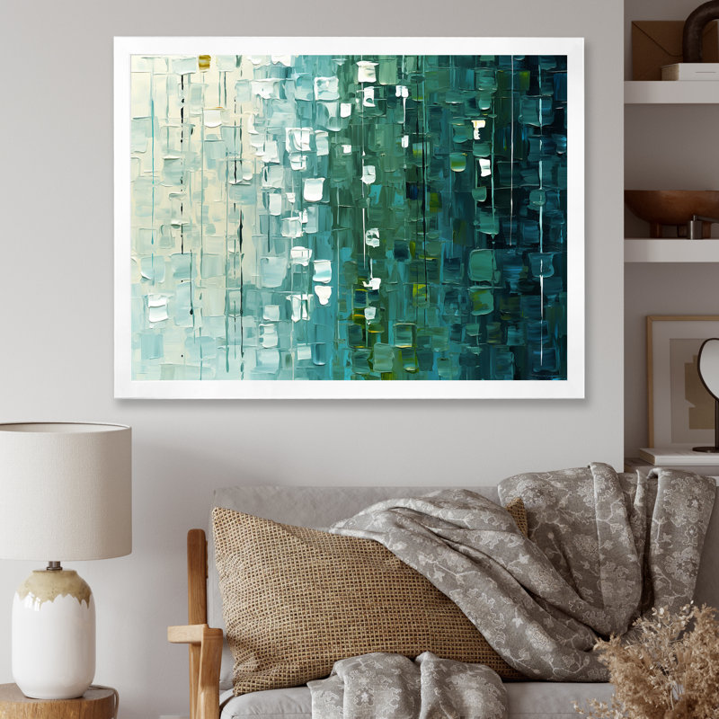 Continuation et départ rétro or et bleu sarcelle - peinture murale abstraite, Cadre simple blanc, H 16 po x l 32 po x P 1 po