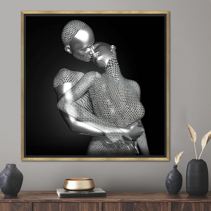 3D Canvas with Kissing Couple Design - Abstract Modern Romantic Bedroom Wall Art, 60 cm H x 60 cm W, Framed Print without Mat
