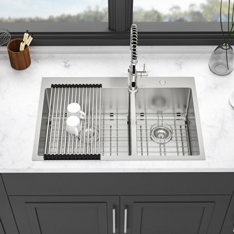 Évier de cuisine à double cuve 60/40 à montage sur plan en acier inoxydable encastré 33 po x 22 po x 10 po calibre 16 T304, tablier plat à l'avant, drainage en forme de X pour un écoulement rapide, espace de travail aux coins arrondis R10, revêtement