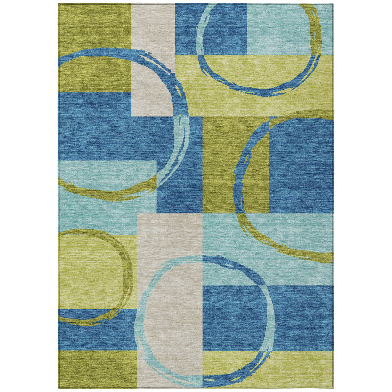 3' X 5' Denim Blue And Lime Green Geometric Washable Indoor Outdoor Area Rug