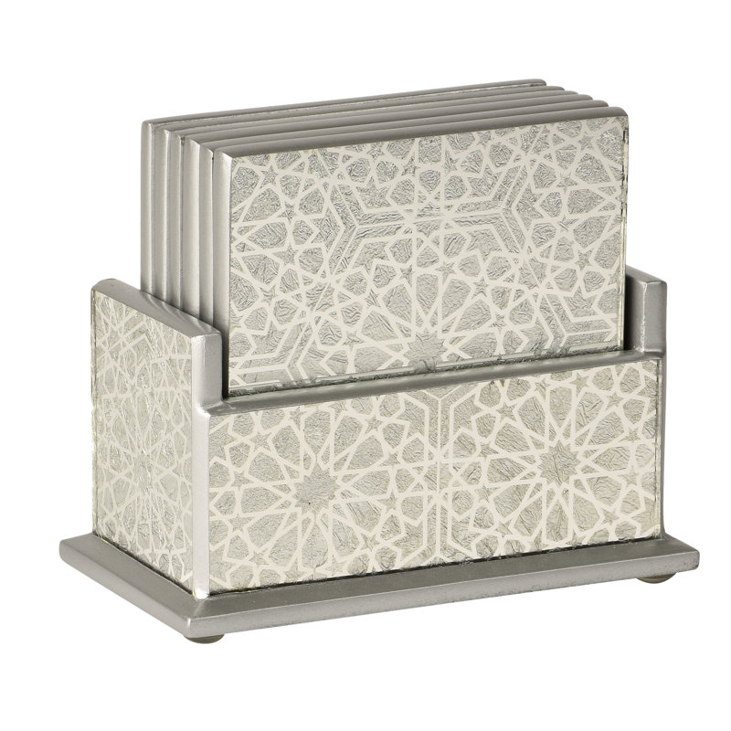 Sparkle Glass Mirror Coaster Set with Holder, White/Silver