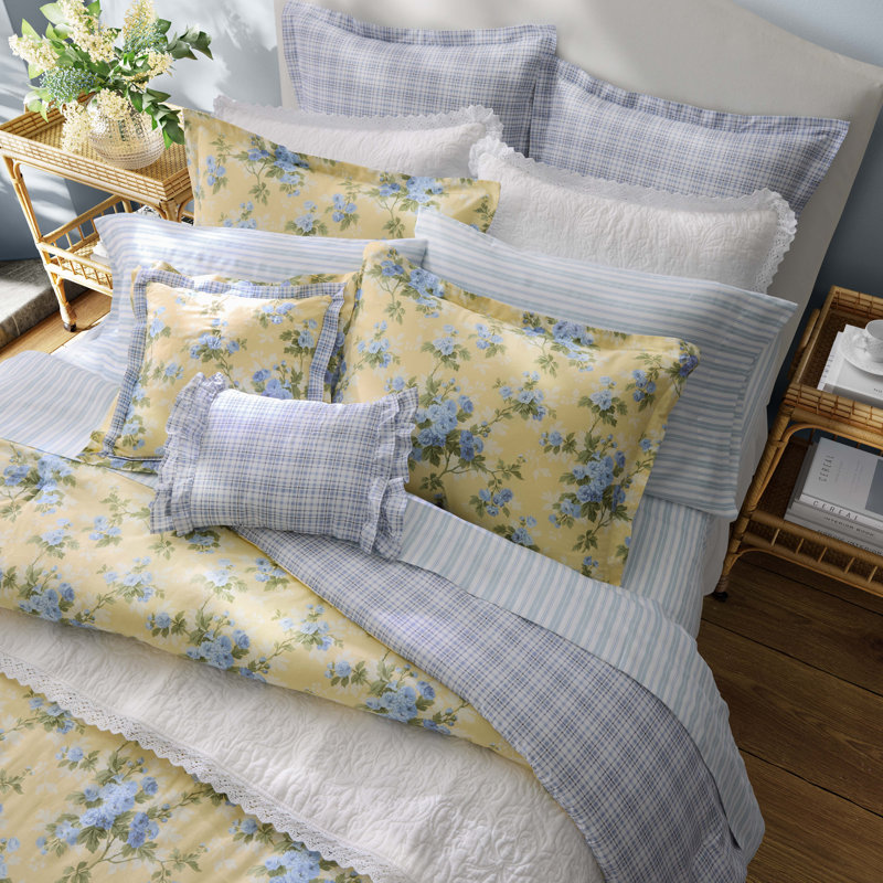 Cassidy Yellow and Blue Floral Cotton Queen Comforter Set