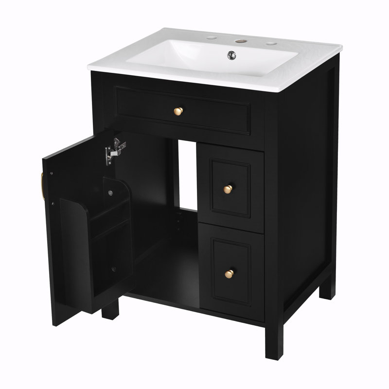 Meuble-lavabo de rangement avec lavabo en céramique, Noir, noir, noir, noir