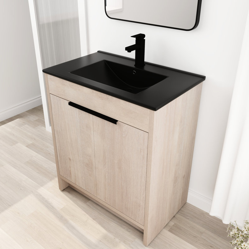 Bathroom Vanity 30" Freestanding With Black Ceramic Countertop & 2 Soft-Close Doors. Modern Plywood. Adjustable Shelf 30 Inch Sink Cabinet Ceramic.