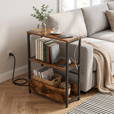Table de chevet mobile avec rangement, tube d'acier et planche de bois, brun