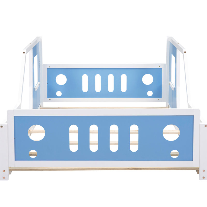 Lit bleu en forme de voiture pleine grandeur avec roulettes - Fabrication en pin et portes de style voiture Fenêtres pour intérêt Rails à lattes prêts pour le matelas Assemblage simple requis Classic In Made Caractéristiques supplémentaires Allure