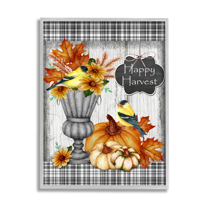 «Happy Harvest, Autumn Birds and Gourds» par Sheri Hart - impression d'art graphique, H 14 po x l 11 po x P 1,5 po