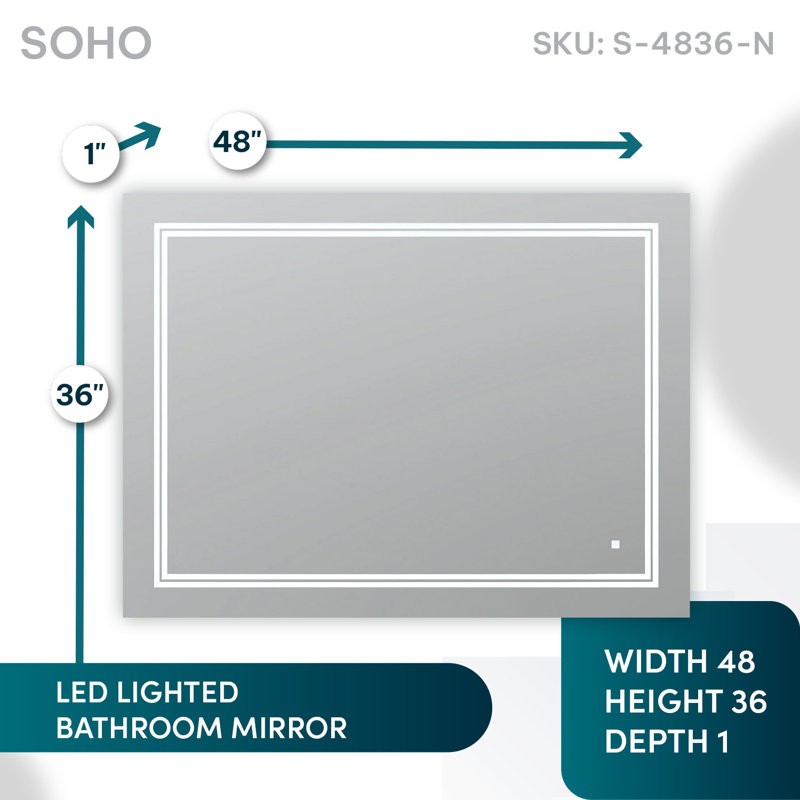 Sleek Soho 48"x36" Silver LED Lighted Bathroom Vanity Mirror with Defogger and Dimmable Lighting