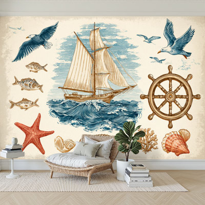 Papier peint adhésif auto-adhésif moderne pour la chambre à coucher Peel and Stick L 96 "x l 69" avec voilier nautique
